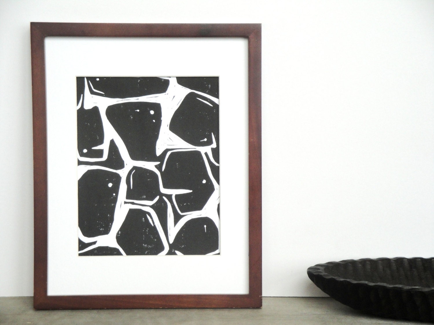 SALE Contemporary Modern Art Block Print 8 x 10 Home Decor / Black, Light Grey, Red, Sea Green / Hand Pulled Linocut