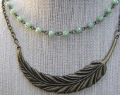 Two Strand Feather Plume vintage bead necklace bronze double necklace