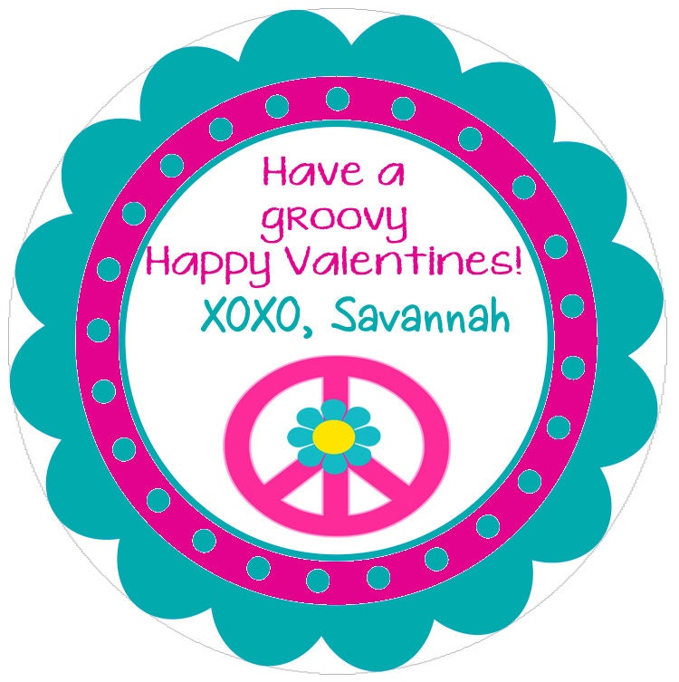 Valentines Peace Groovy Stickers Childs Valentine Goodie Candy Bags Round Labels