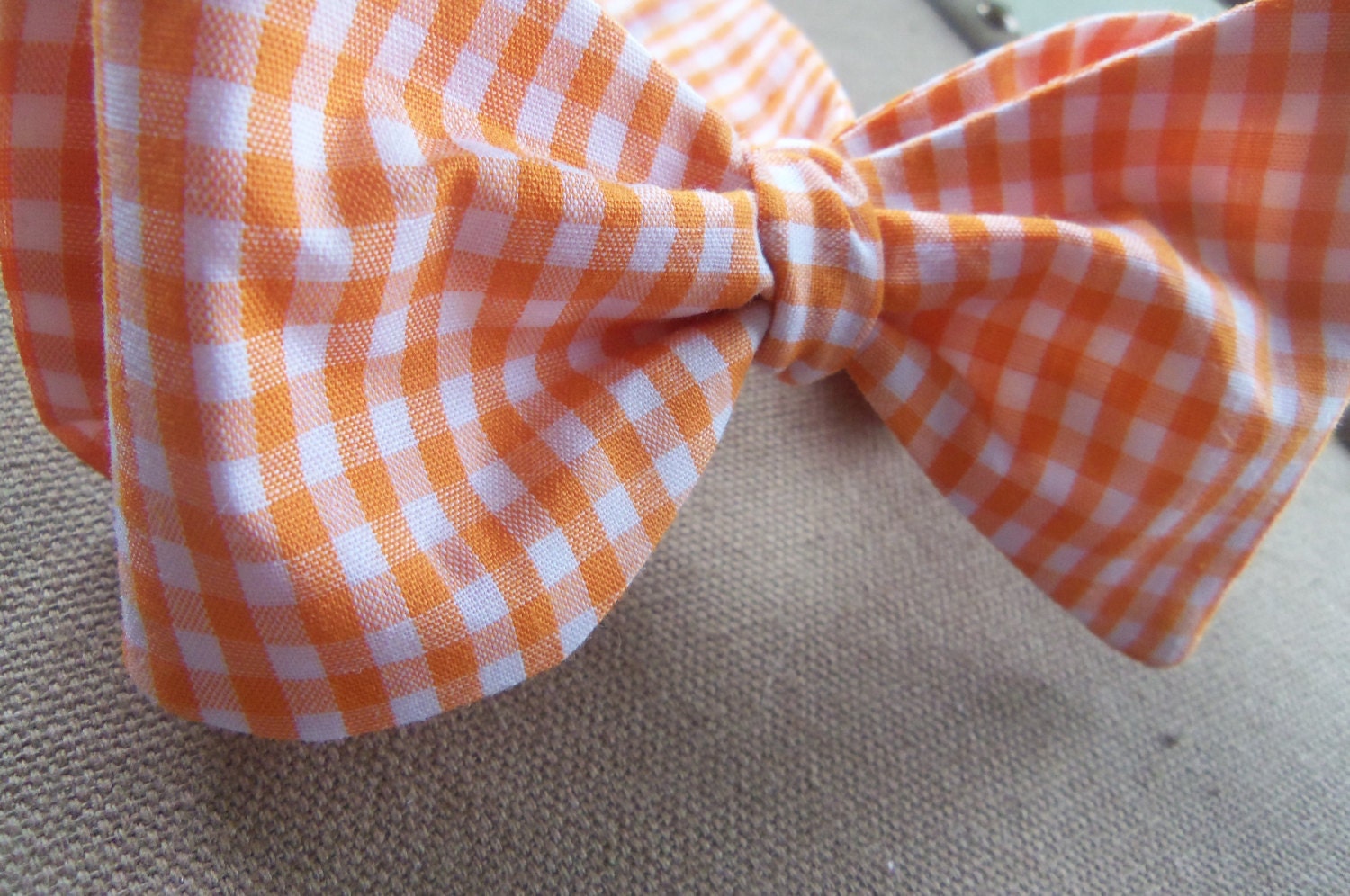 Orange Gingham -Mens/Boys Adjustable Self-Tie Bow Tie in Orange and White Gingham Print