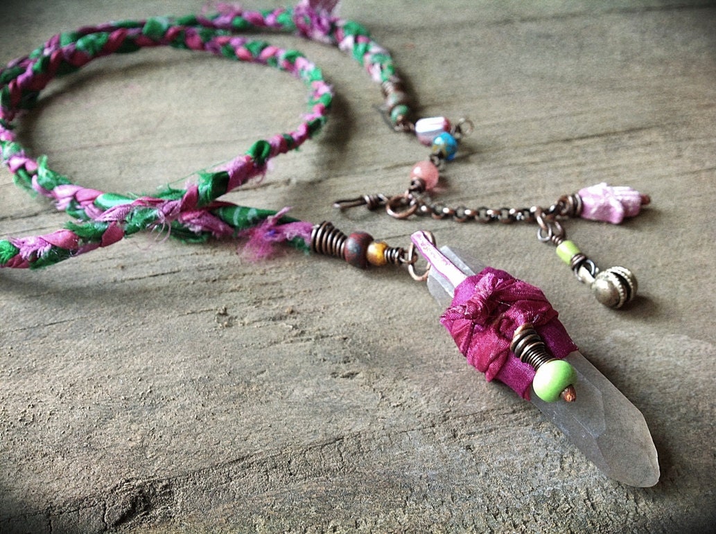 Silk wrapped raw quartz crystal gemstone necklace,  braided pink green sari silk wire wrapped beads