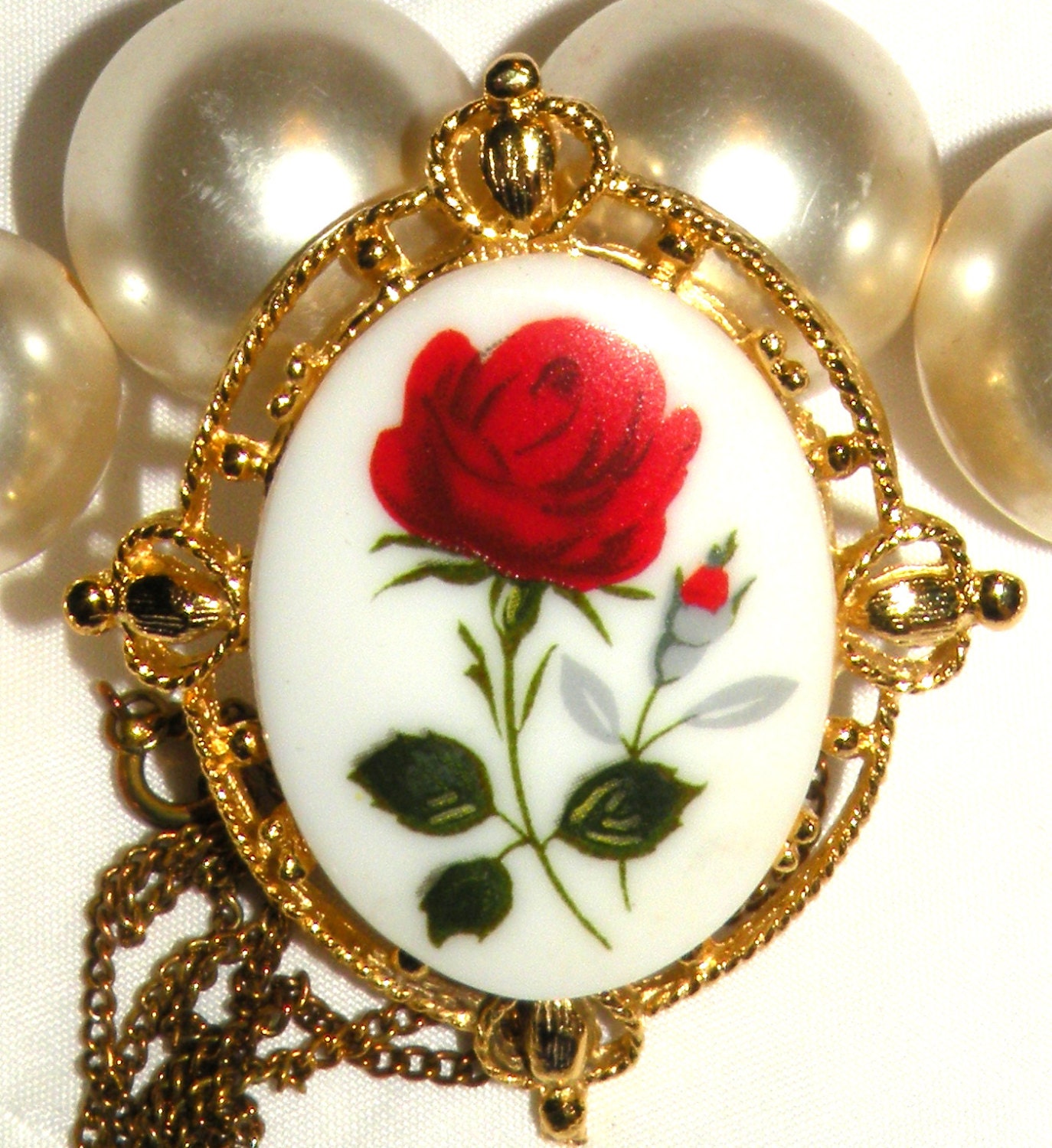 Vintage Porcelain Pendant Pin Necklace Red Rose 1960s