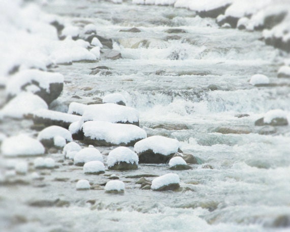 White Nature Photograph 8x10, Winter River Photography, Snow Covered Stones Picture, Rustic Home Decor, Dreamy Water Wall Art