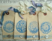 Blue and White All Occasion Medallion Pattern Handmade Shabby Vintage Large Gift Tags, Vintage Button Tags, Paper Goods Gift Wrap