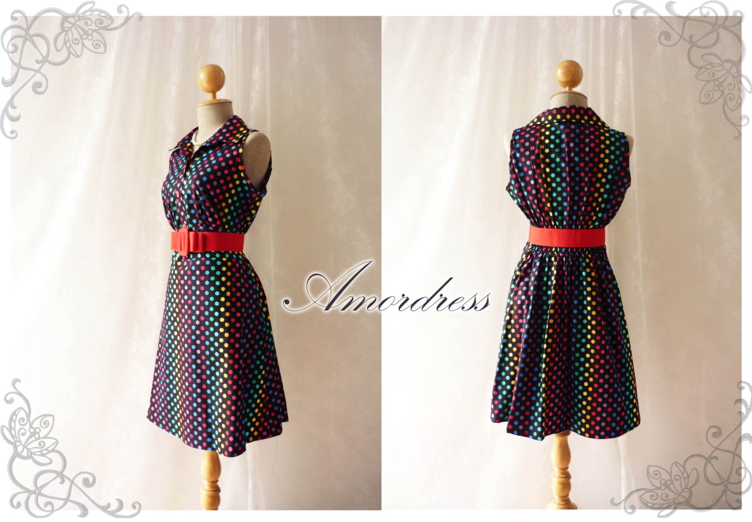 Polka Dot Tea Dress Disco Ball Vintage Inspired Party Wedding Cocktail Garden Dress Summer Perfection Dress -S-M-