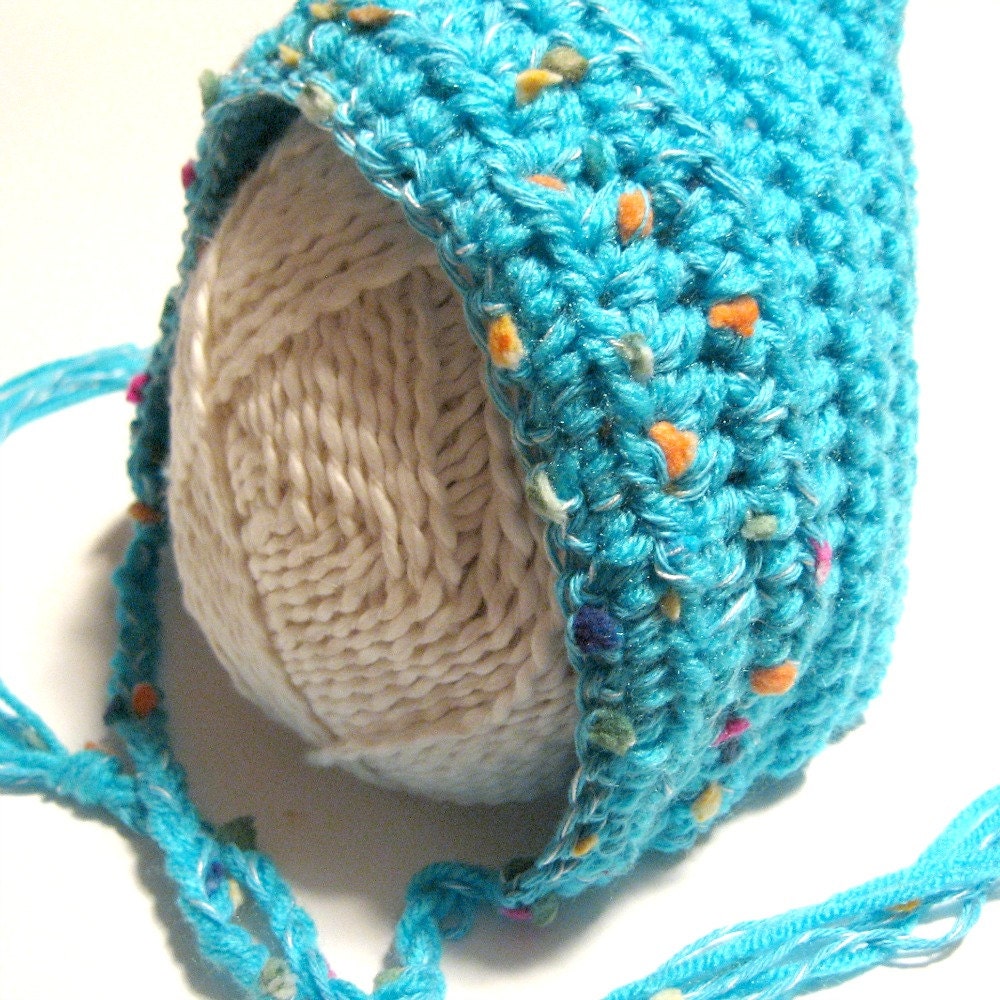 Newborn Pixie hat.  Crochet. Newborn girls photo prop.  Light blue with pom poms.  Ready to ship.