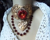 Russian Goldplate Elaborate Bohemian Style Filigree Choker With Blood Red Rose, Heart & Vintage Rosary Beads