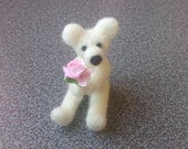 Miniature teddy bear with pink paper rose  needle felted Valentines day gift under 25 eco friendly