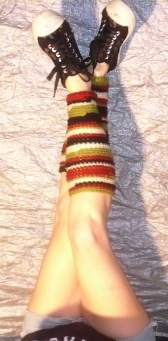 Stripy leg warmers in rust, green, black and cream, crochet