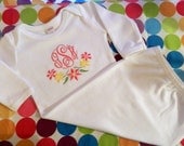 Personalized infant baby gown with initial monogram and embroidered flowers