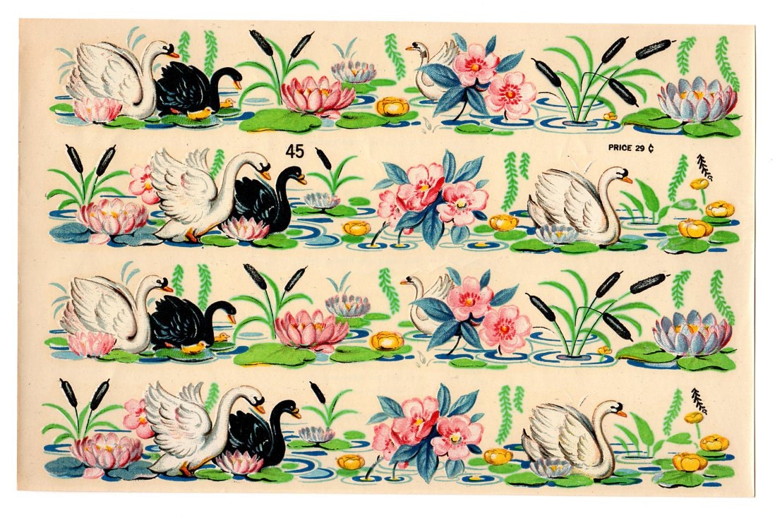 Vintage Swan Border Decal Large Sheet 1950s Wall Decor Floral Waterslide