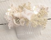 Beaded Bridal Lace Fascinator, Wedding Hair Piece, Pearl and Rhinestone Fascinator, Ivory Hair Accessory, Wedding Headpiece, VelvetTeacup