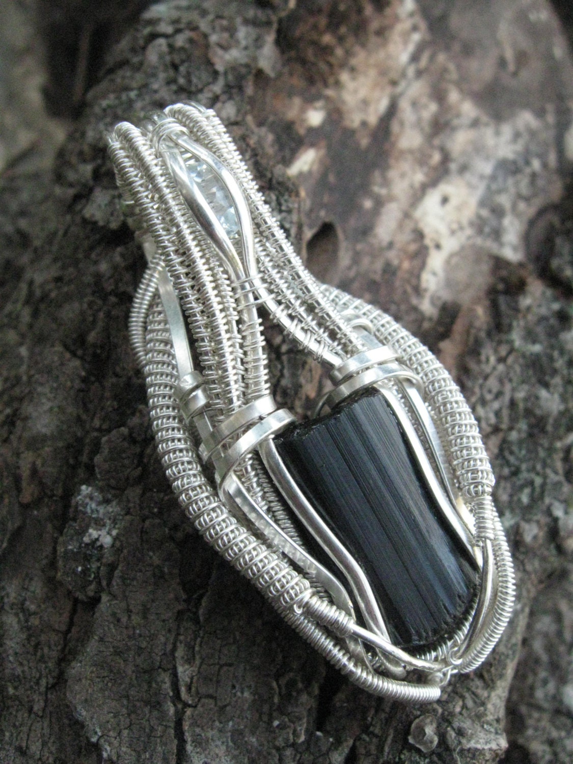 Black Tourmaline - Schorl and Faceted Blue Topaz Wire Wrapped Pendant in Silver
