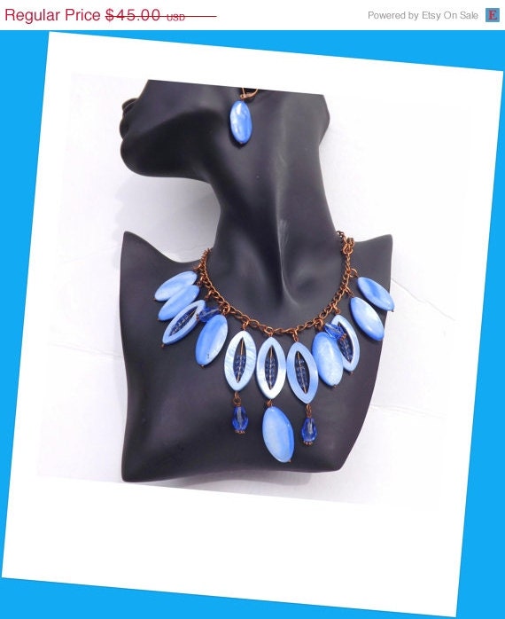 ON SALE Bib Necklace, Blue Mother of Pearl, Shell necklace,Copper chain, Statement jewelry for Her, Handmade by Lyrisgems