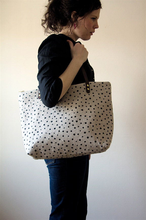 Hand Printed Linen Tote Bag Black Polka Dots - Brown Leather Handles