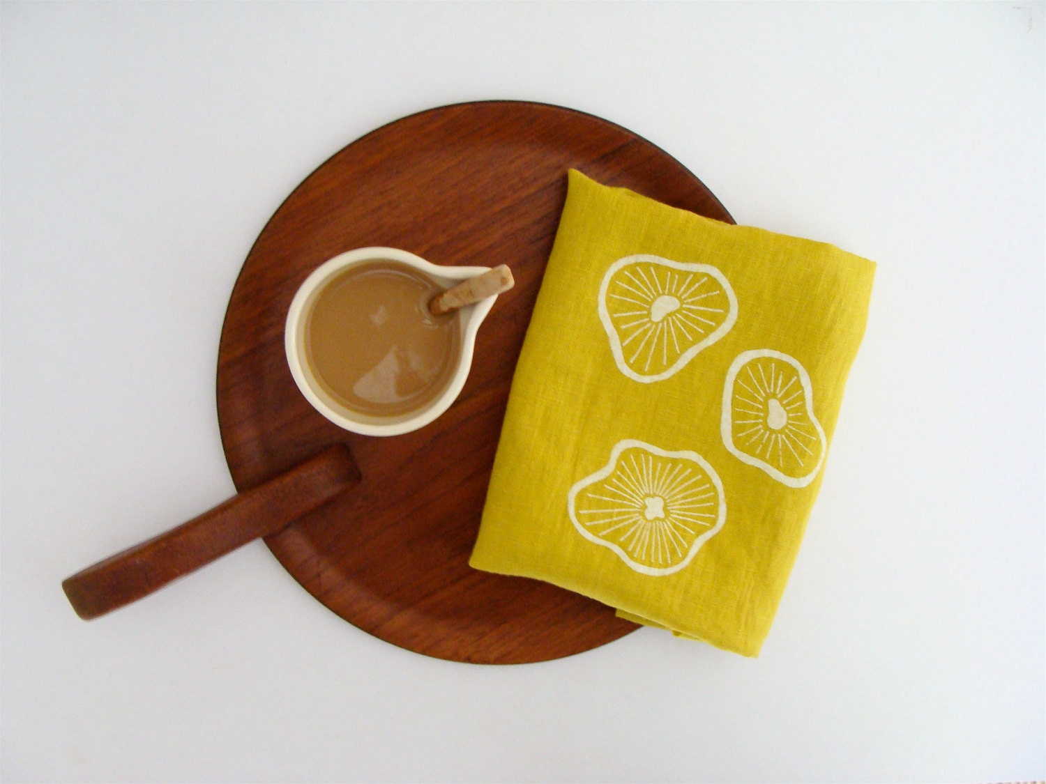 Citron Tea Towel Linen Hand Printed Mushrooms