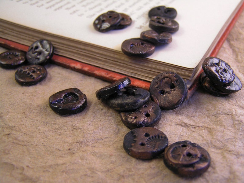 Steampunk round buttons, set of 6. 12mm. Poly clay with burnished copper finish. handmade