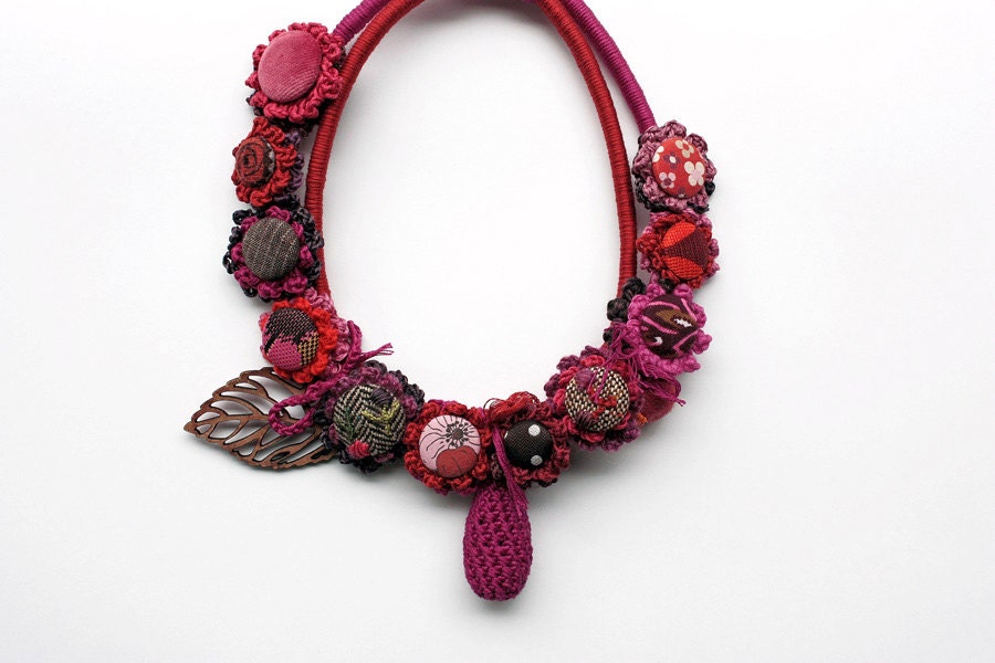 Handmade crochet necklace, embroidered with fabric buttons and wooden pendant - pink, orange, brown - OOAK