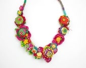 Floral fiber art necklace with fabric buttons, colorful, OOAK