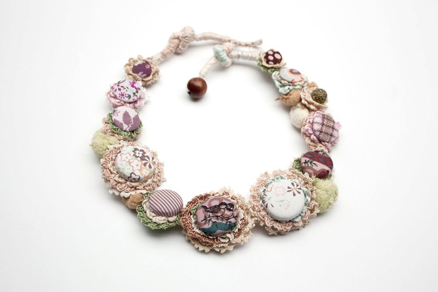 Textile necklace, crochet with fabric buttons, beige green pink purple, OOAK