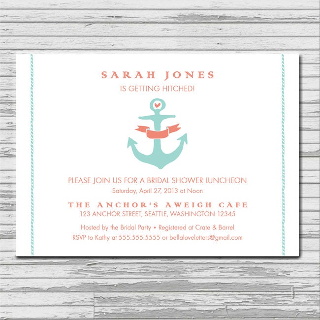 ANCHOR nautical coral turquoise aqua Bridal Shower Invitation - customized 5x7 printable - nautical knot print bridal shower invites