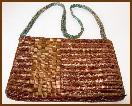 Vintage Art Deco Beaded Purse Handbag Copper Gold Aqua Signed Du Val Hong Kong VG