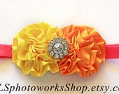 The Citrus Kiss Summer Headband - Lemon Yellow & Tangerine Orange Satin Hair Bow - Girl's Hot Pink, Orange and Yellow Bright Summer Headband
