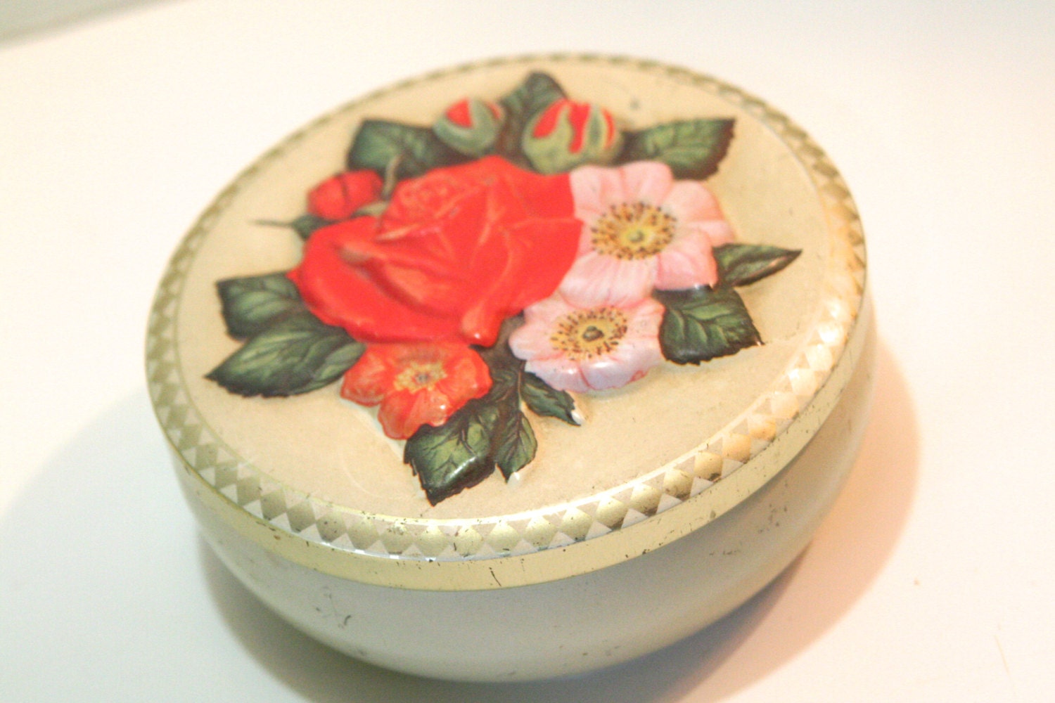 Vintage Gold Cream and Rose Floral Chippy Shabby or Hollywood Regency Tin for storing cotton balls in your glamorous vanity space