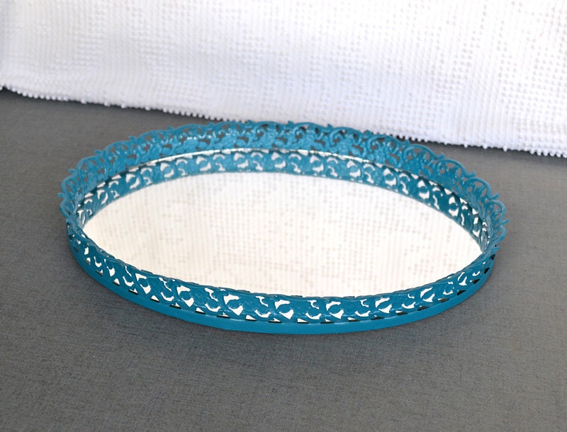 Vintage Teal Turquoise Oval Vanity Mirror Tray- Upcycled Ornate Metal Framed Mirror