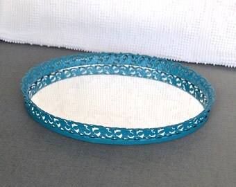 Vintage Teal Turquoise Oval Vanity Mirror Tray- Upcycled Ornate Metal Framed Mirror