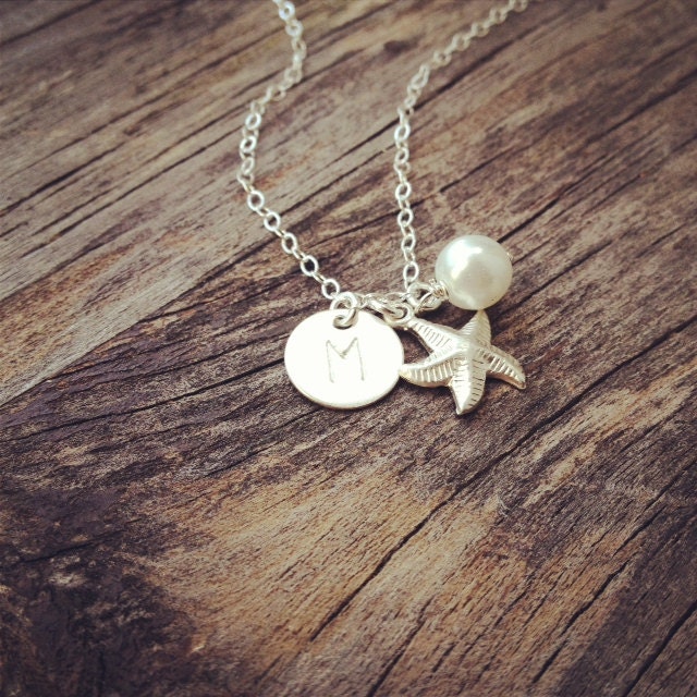 Sterling Silver Starfish, Pearl Initial necklace - Personalized Gift - Flower girl, Bridesmaid Gift, Beach Jewelry, Everyday Wear