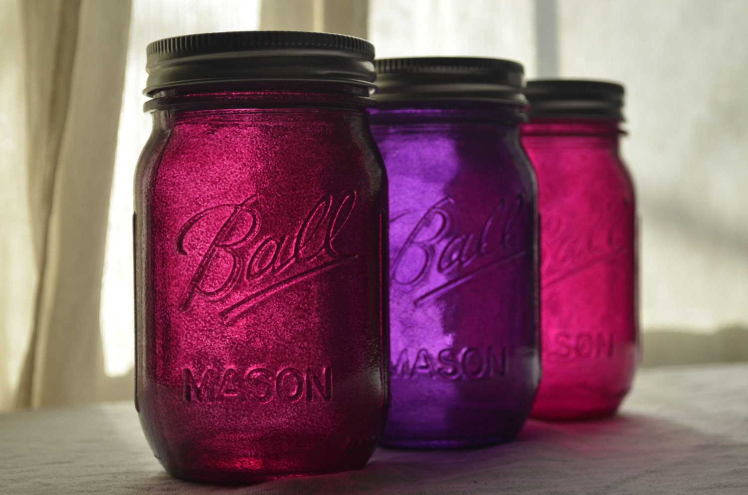 Stained Glass Mason Jars - Set of 3 - Pint Size, Roseberry, Purple, & Fushcia