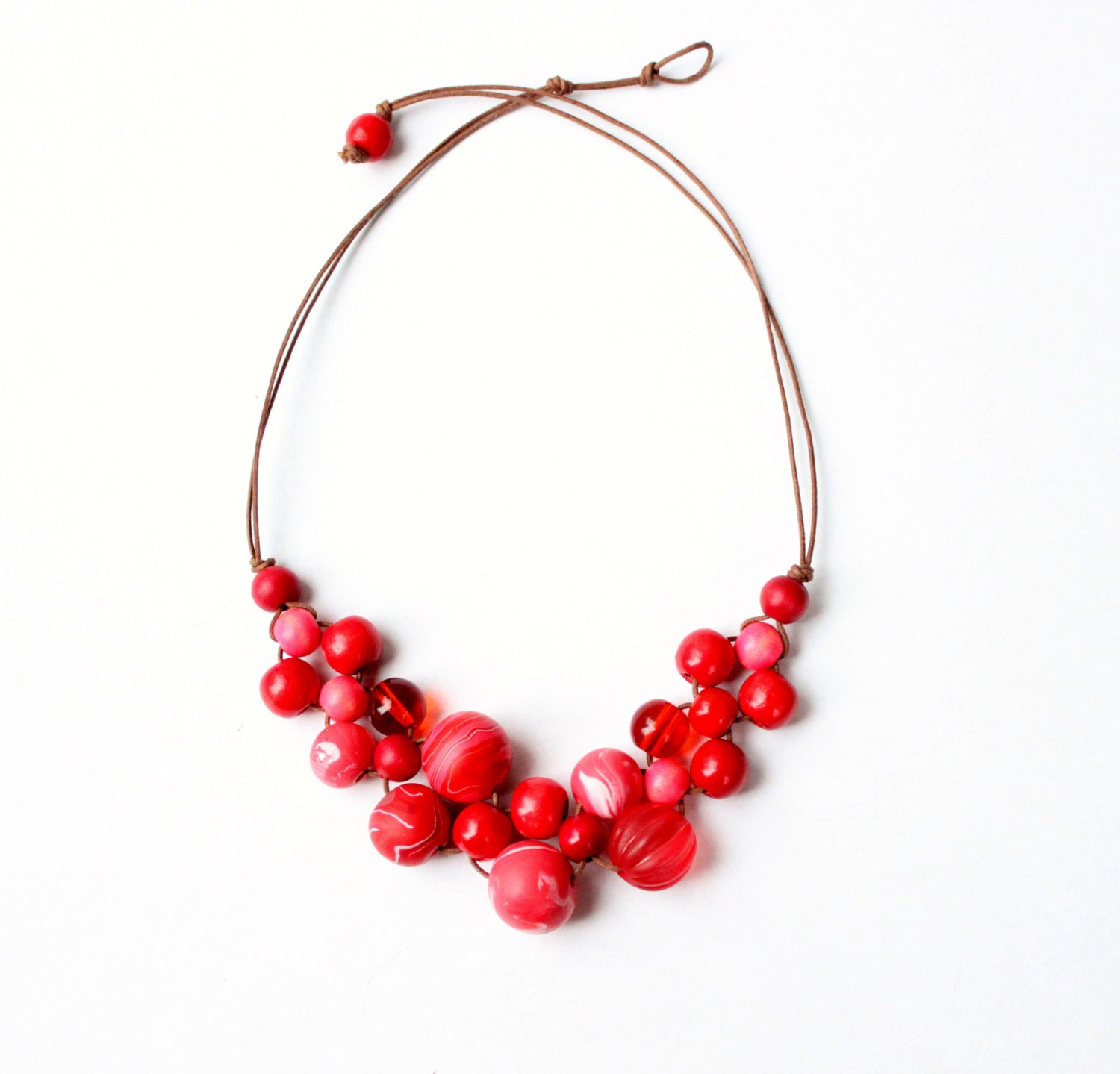 Wooden bead necklace, red, coral, dark red, bright red, red bib necklace, bubble, contemporary necklace.