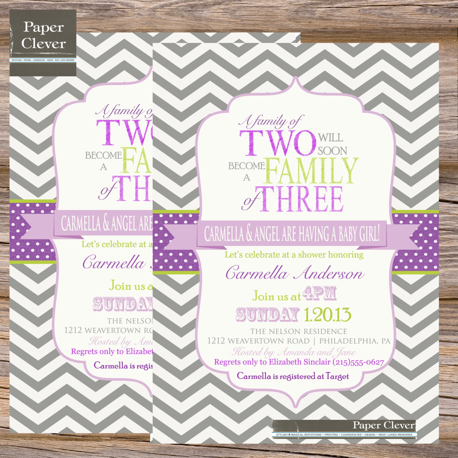 Girls baby shower invitation family of, purple, chevron stripe,vintage- printable,digital Il_170x135