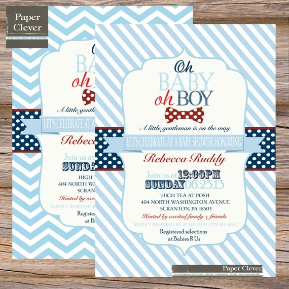 Bow-tie Boys baby shower invitation - navy, red, baby blue - digital, printable file #34 Il_570xn