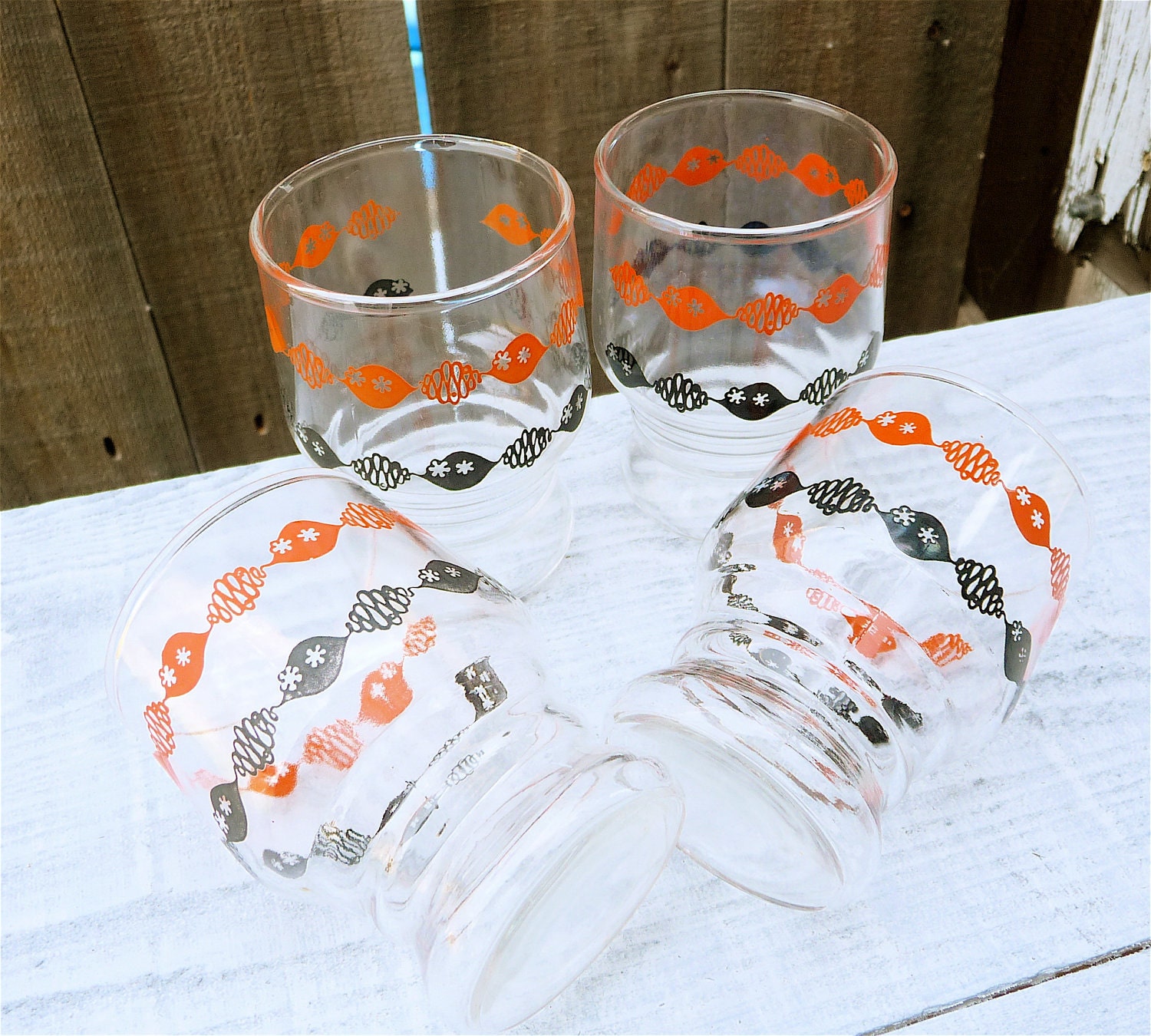 Vintage Black and Orange Juice Glasses, Shabby Chic Retro