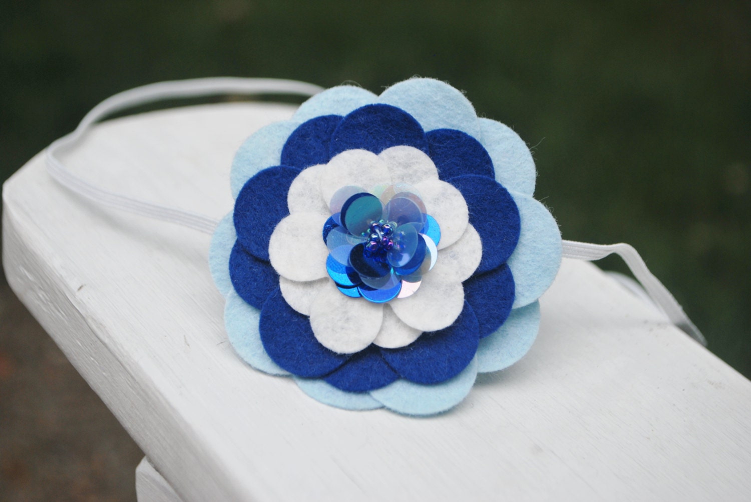 Sequin Flower Headband, Wool Felt Flower with Sequin and Bead Center, Shown In  Blue and Purple, Available on Clip or Headband