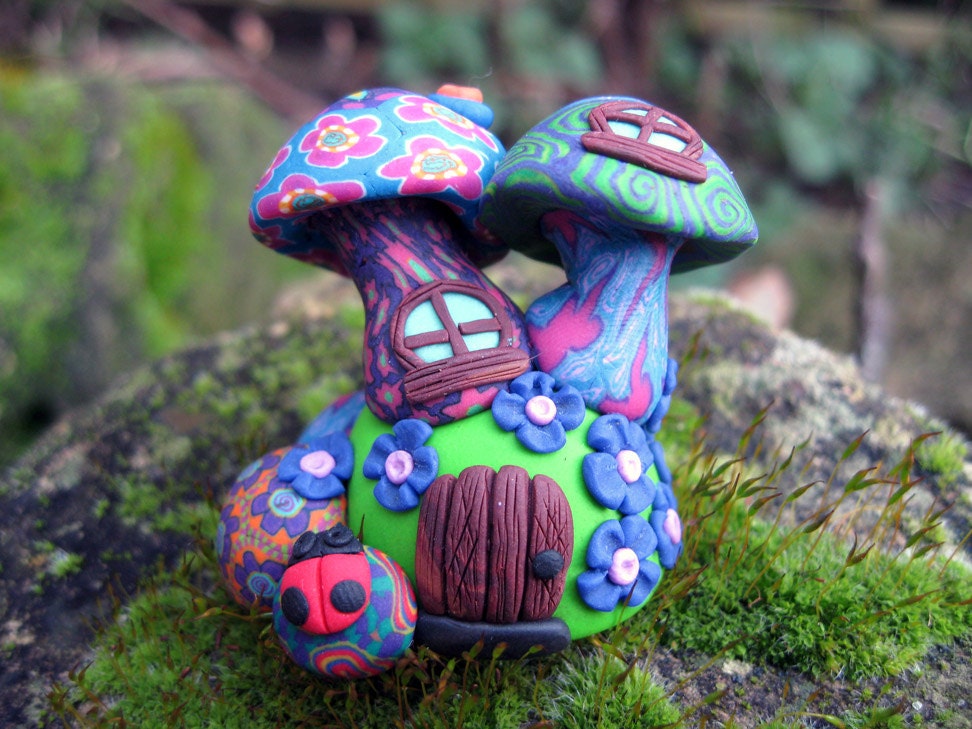 1 & 3/4 inch millefiori mushroom house with door and windows, purple flowers and ladybug, miniature model