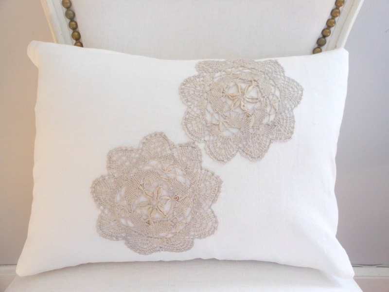 White linen/cotton pillow cover with hand-dyed doily appliques, 12 x 16 pillow cover