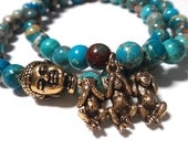 Turquoise Magnesite Beaded Bracelet with Gold Three Wise Monkey Charm
