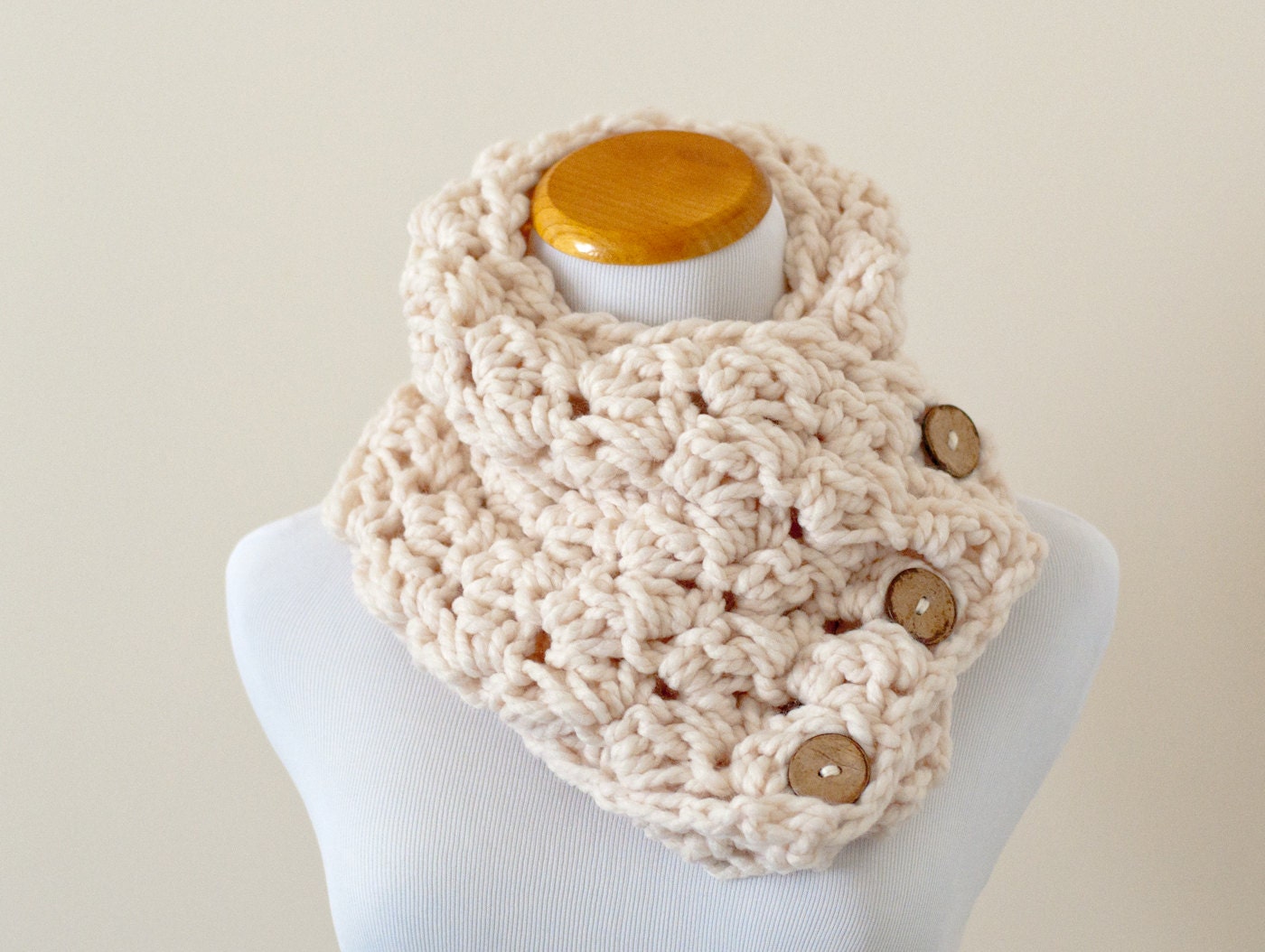 The Chunky Cowl Neckwarmer  Scarf - Ivory Cream w/ buttons- Wool Blend