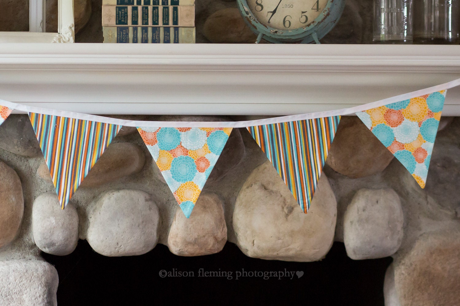 Fabric Bunting, Pennant Banner, Party Flags, Photo Prop - Floral/Stripes