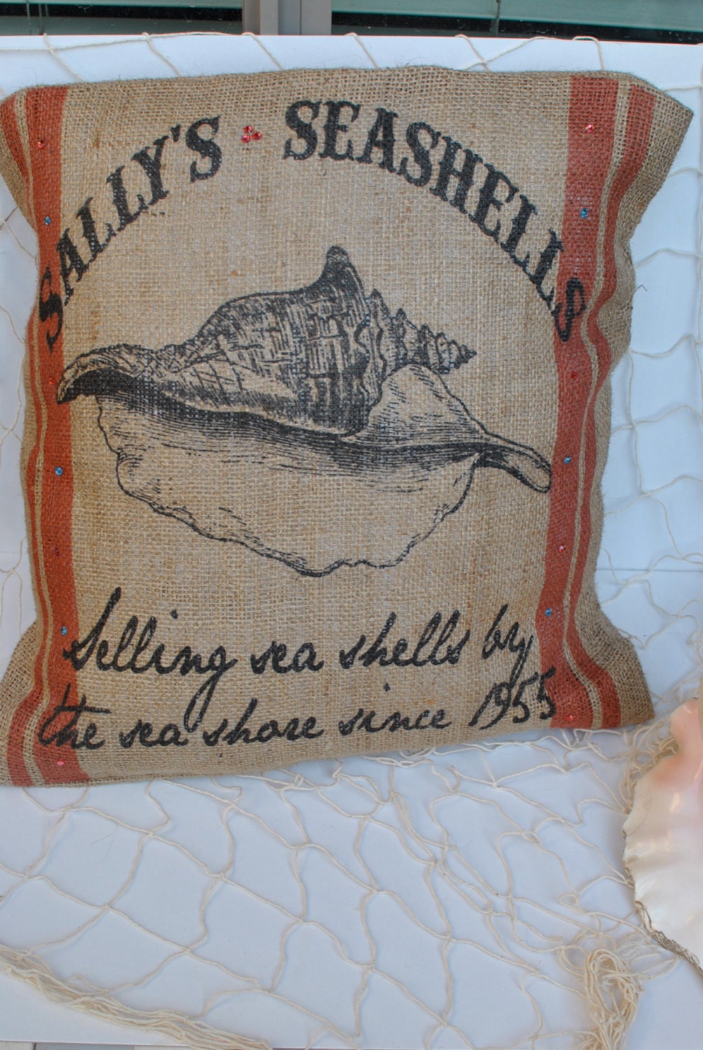 Sallys Seashells- Beach themed burlap pillow cover