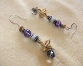Vermeil, Amazonite, Purple Fluorite, Silver, Brass, and Crystal Earrings