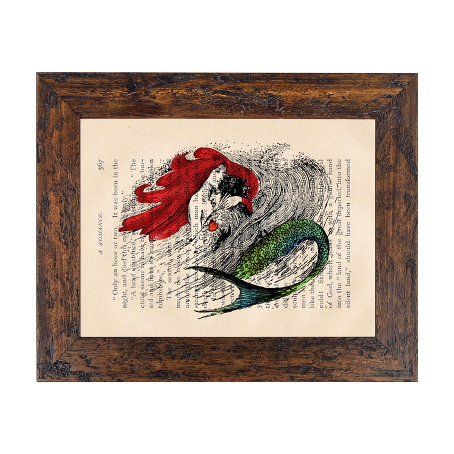 Ariel And Her Prince Vintage Fairy Tale Art Print on an Unframed Upcycled Bookpage