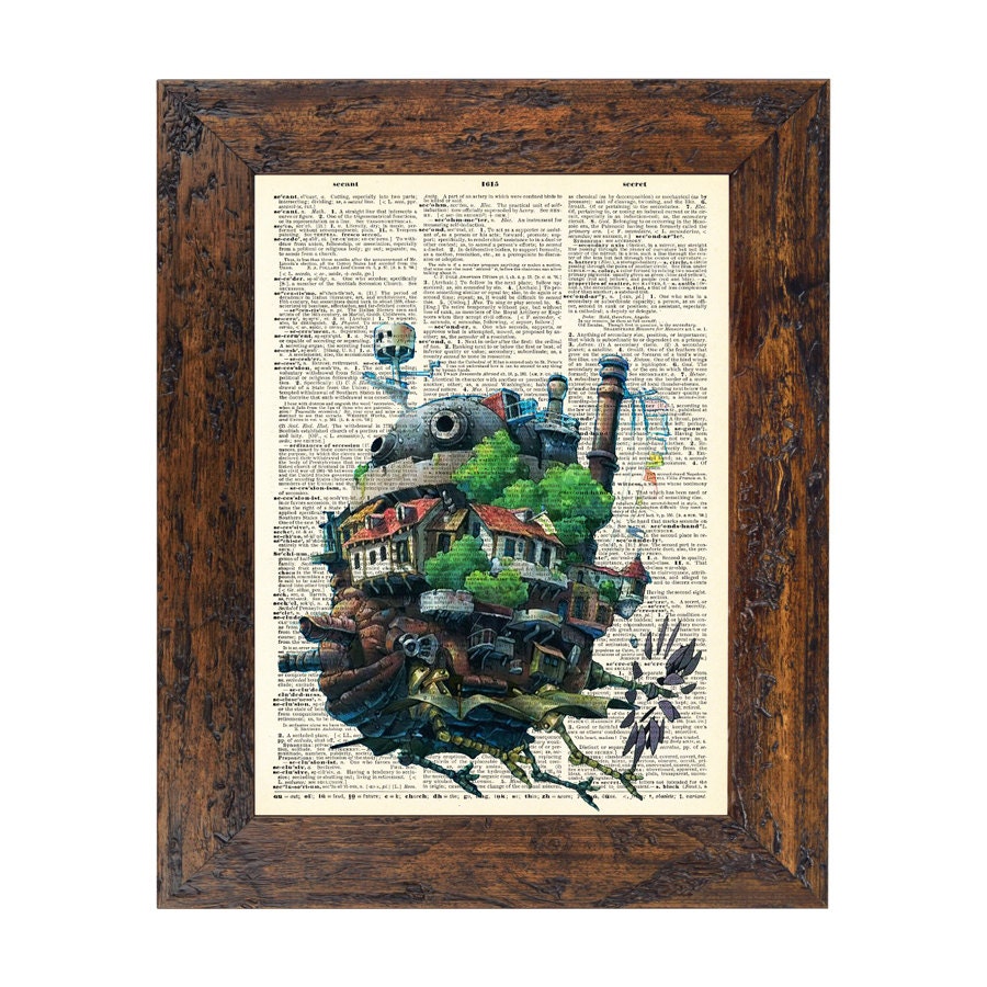 Howls Moving Castle Studio Ghibli Print on an Antique Unframed Upcycled Bookpage