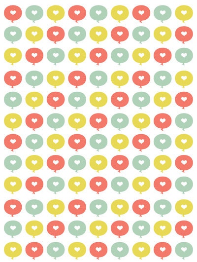 Nursery Art Print, Baby's Room Decor, Abstract Art, Ballons Art Print, Heart, Love Print, Coral, Green, Blue - Balloon Hearts