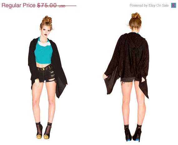 FESTIVAL SALE Handmade Lightweight Black knit Kimono with silver stripe detail cardigan sweater jacket