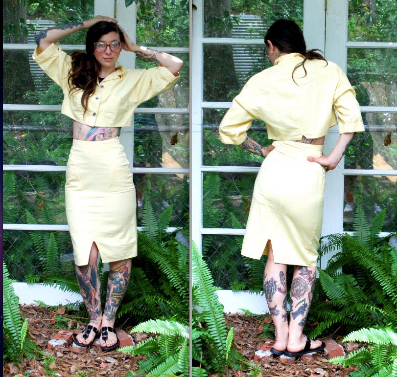 Vintage // Rare Pale Yellow Tow Piece Crop top skirt set // Grunge Pastel 90's // Pockets // Small 2 4 Wild Rose