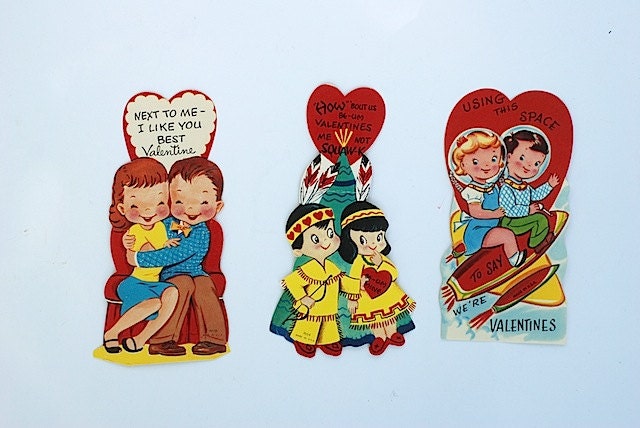 Lot of 1950's Grade School Valentines Day Cards, Mid Century Home Decor, Gift For MOM, Indian, Astronaut